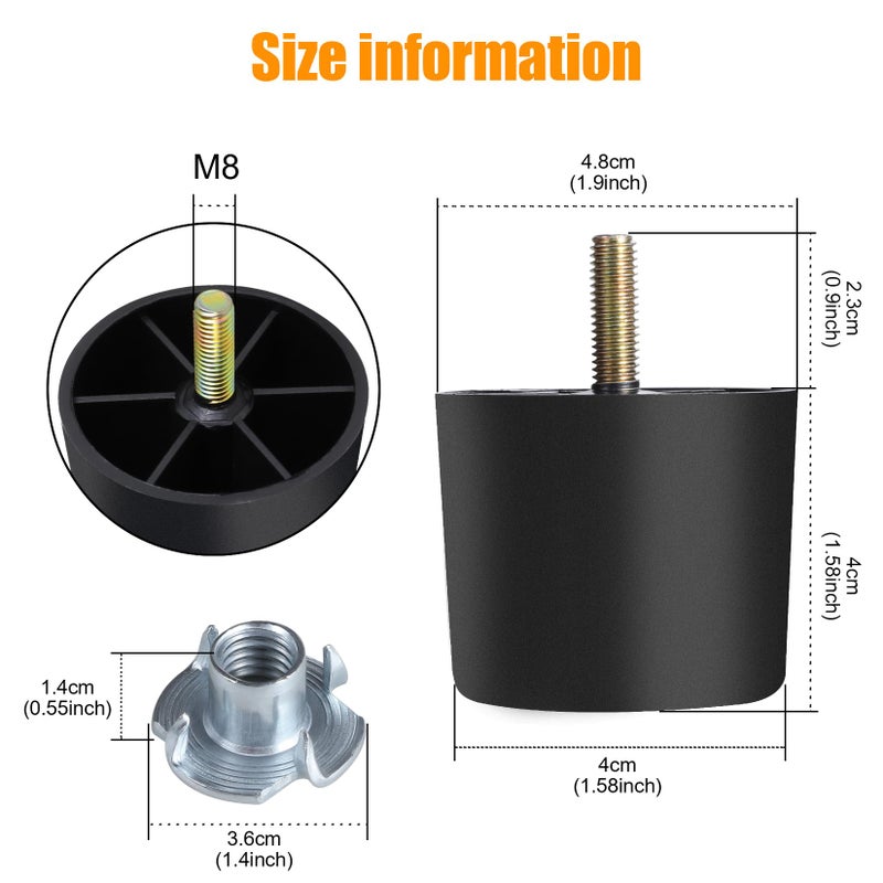 Manesi 1-1/2 inch Plastic Furniture Legs, Round Tapered Table Legs Black Sofa Legs Replacement Legs with M8 Hanger Bolts for Couch Table Sofa, Pack of 4 - Image 2